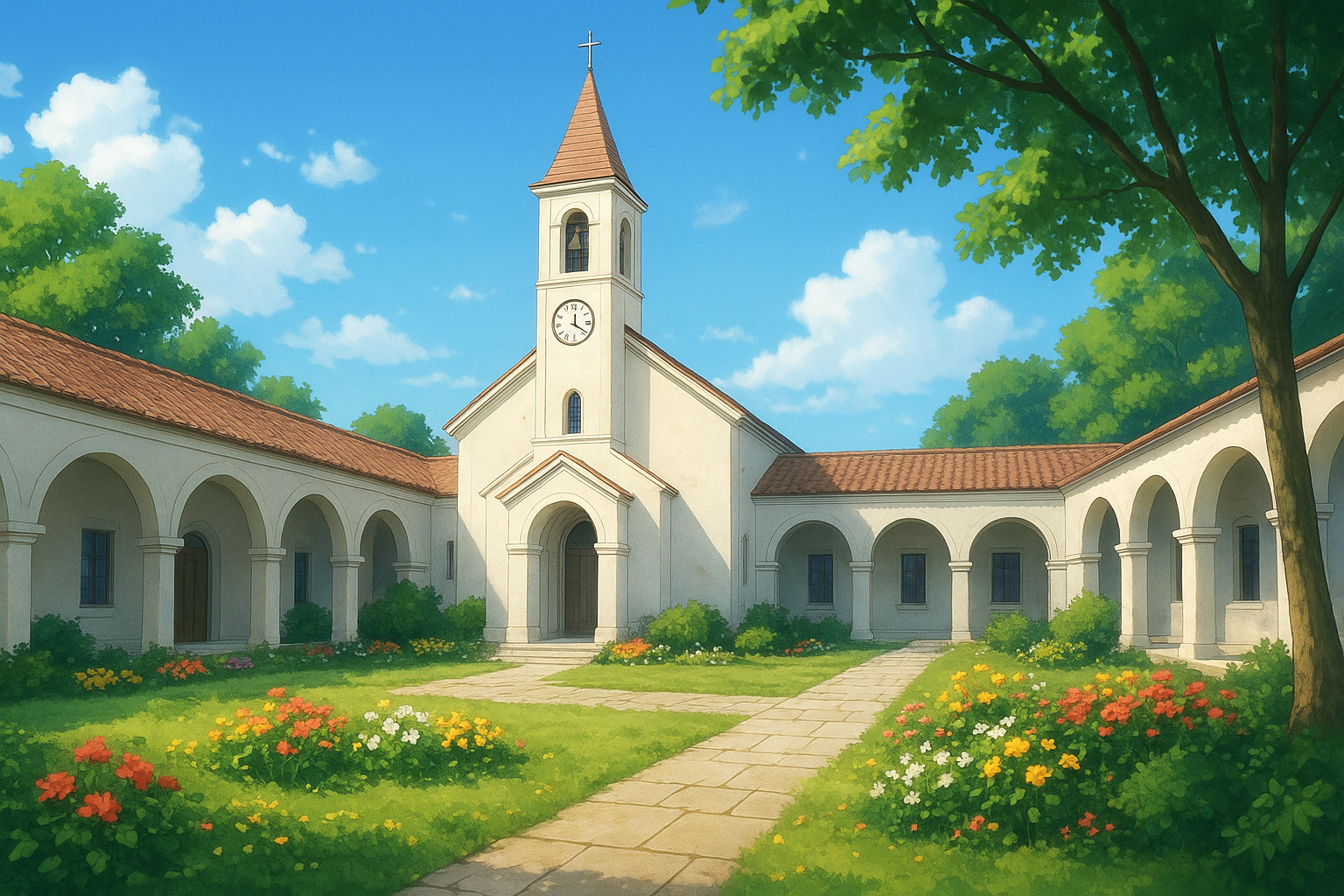 花が咲いている中庭がある教会や結婚式場の外観