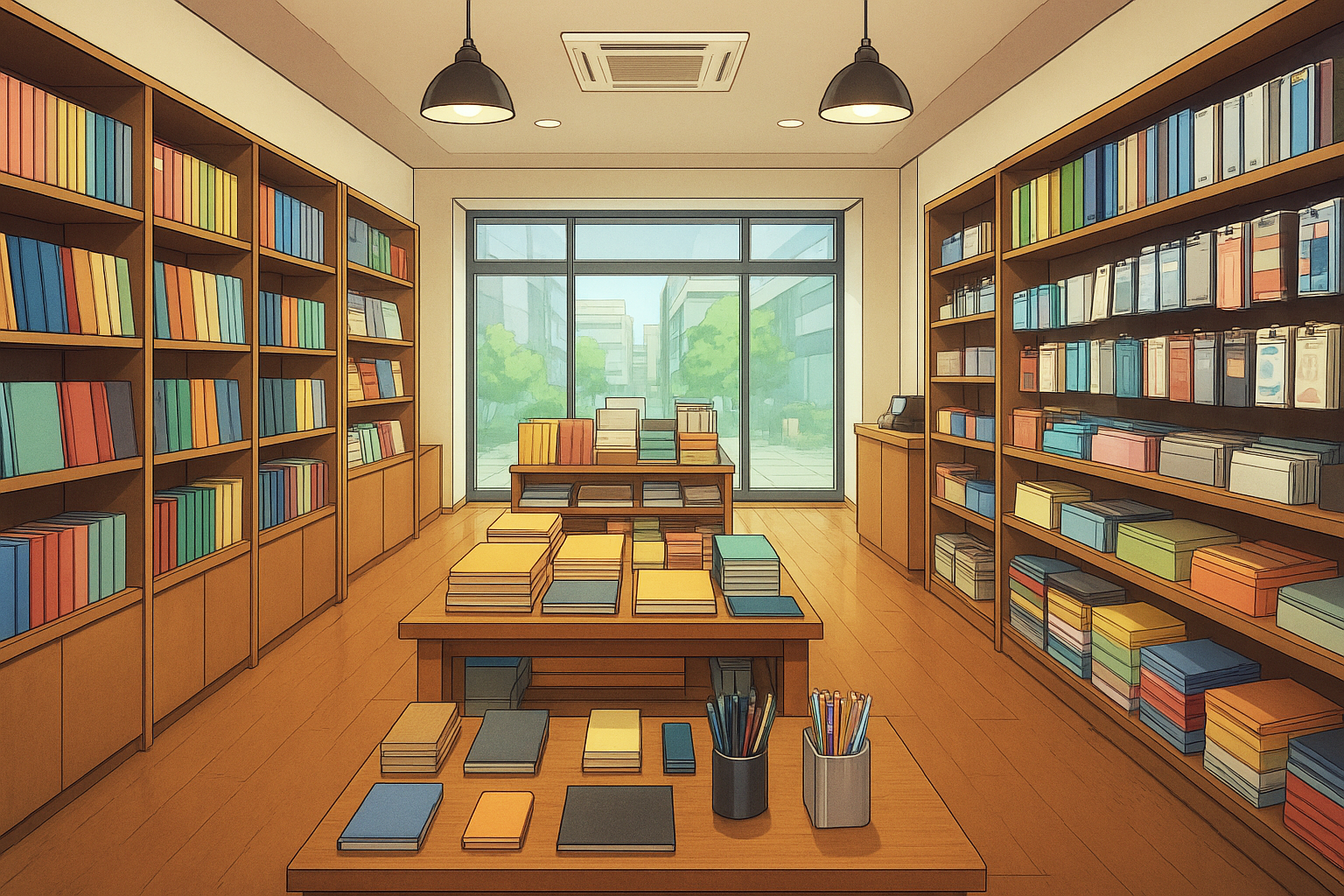 本や文房具が並ぶ本屋の内装背景