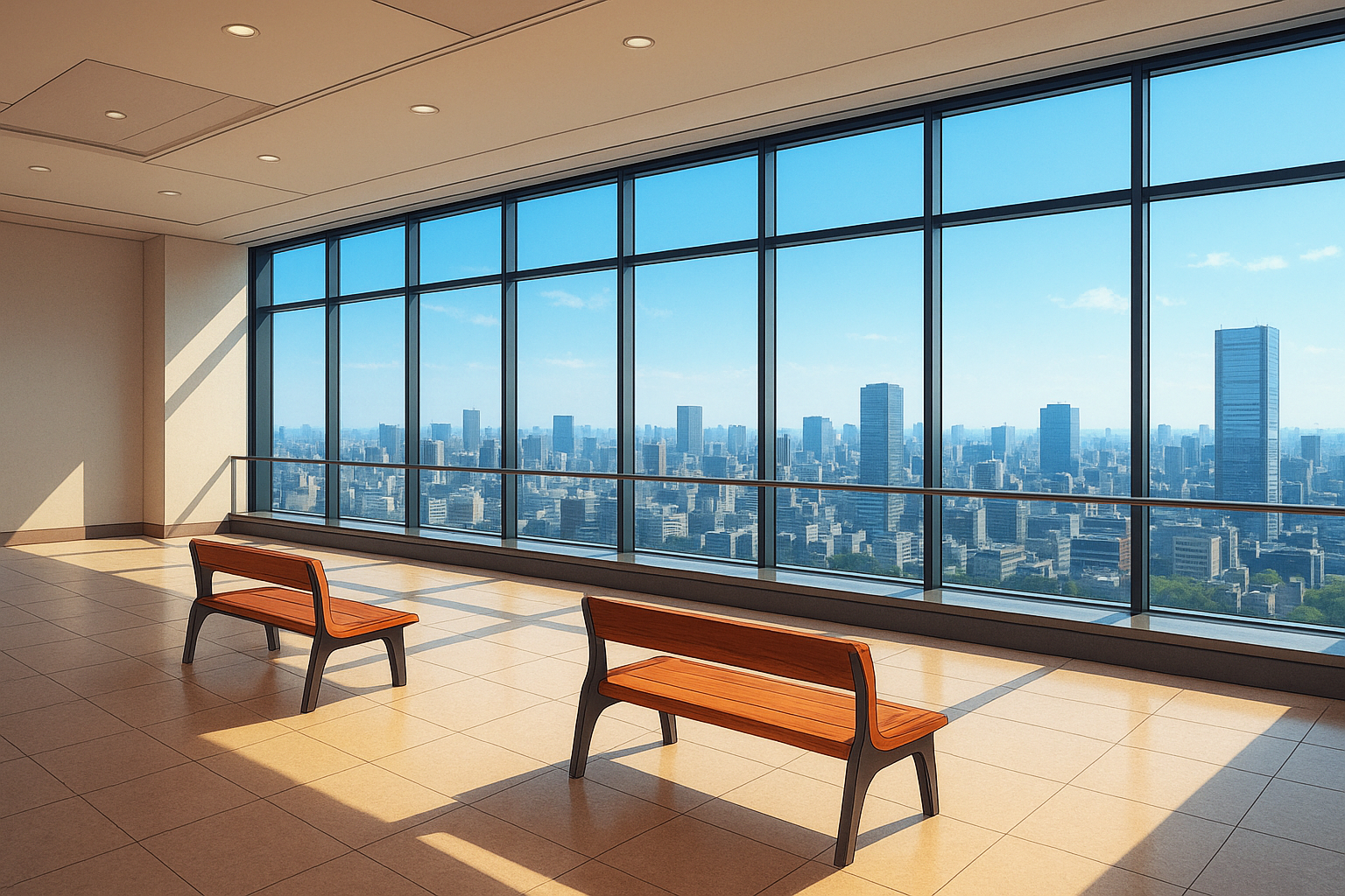 ベンチが並ぶショップ内の町が見渡せる休憩場所の内装背景