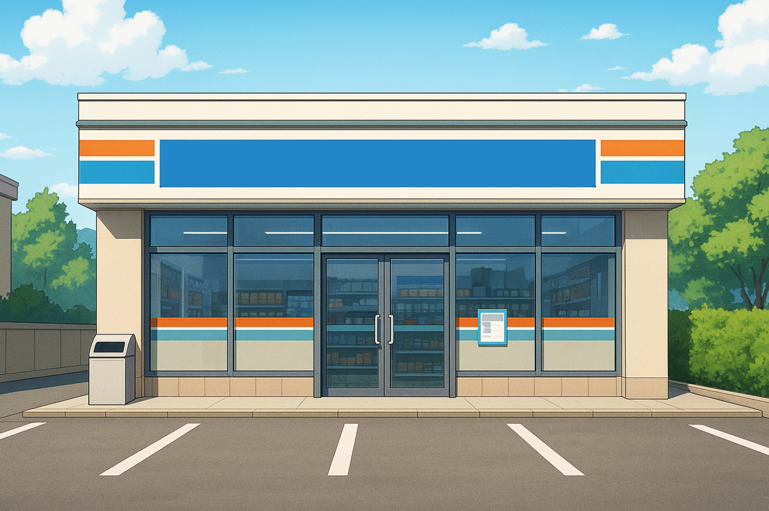 駐車場から見たコンビニエンスストアの外観背景