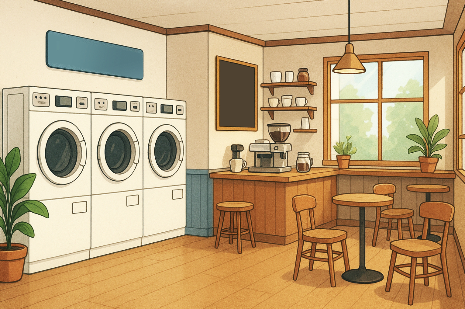 洗濯機が並ぶカフェ併設のコインランドリーの内装背景