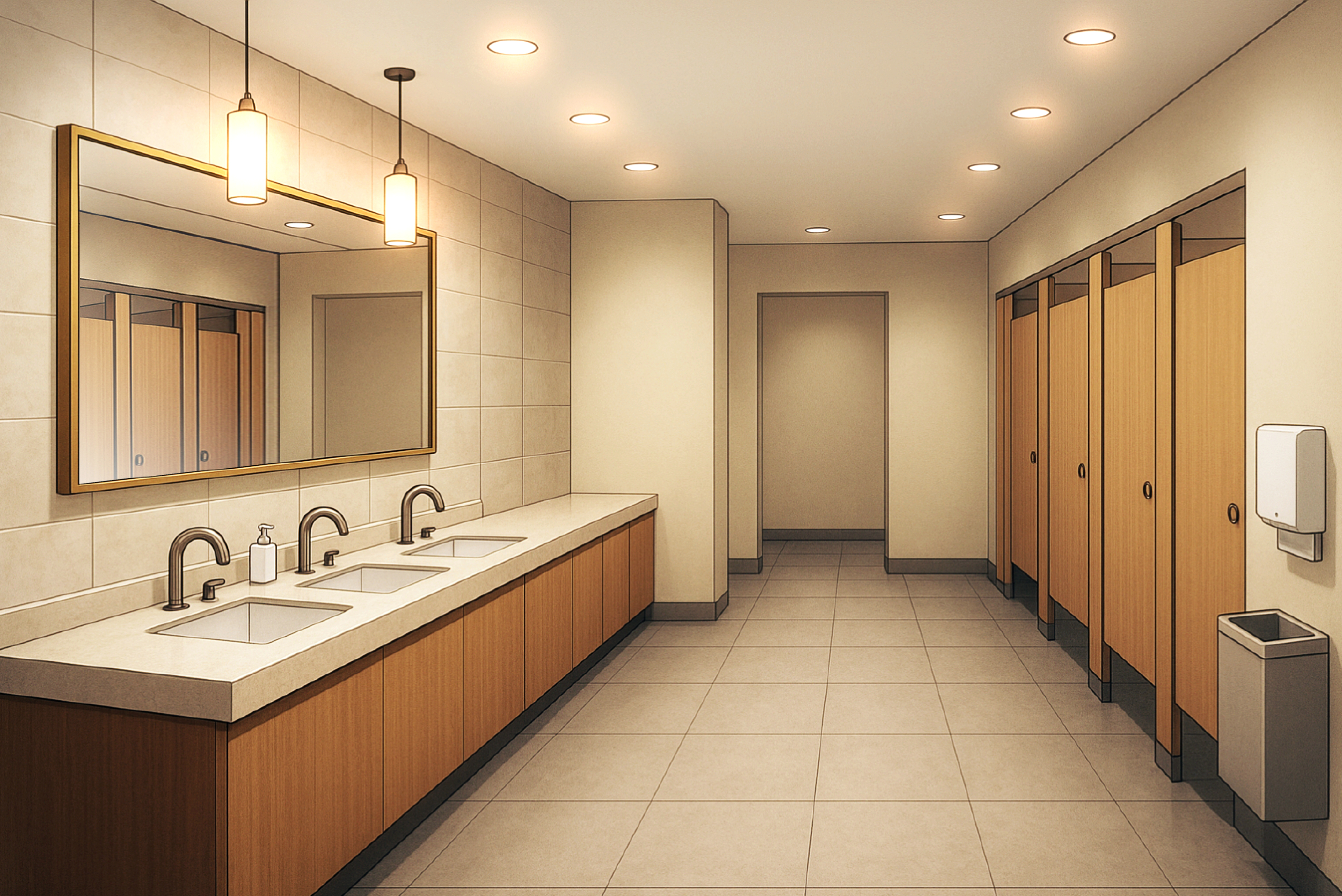 個室トイレと洗面台が並ぶショップやデパート内の清潔なトイレ内装背景