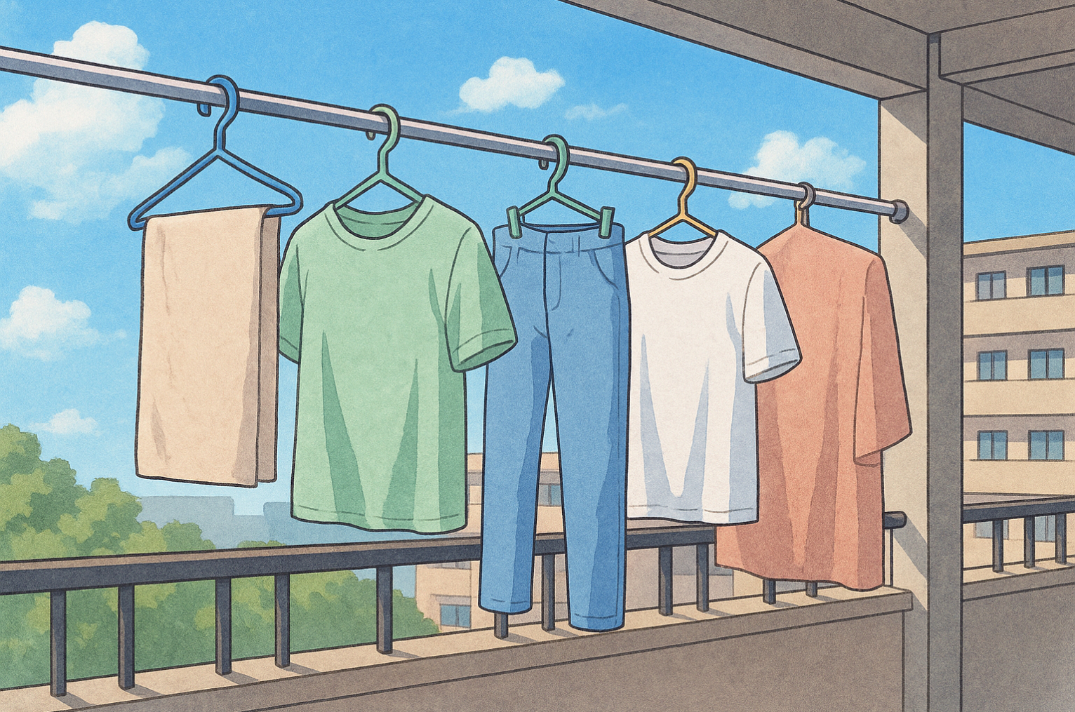 家のベランダ（バルコニー）に質素な服の洗濯物のある背景