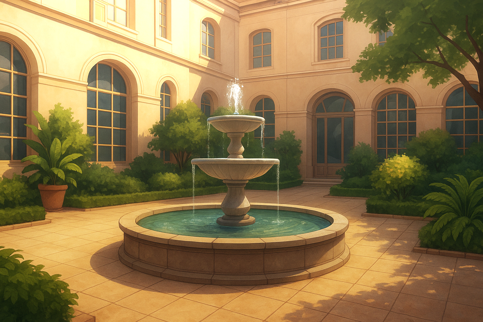 ヨーロッパ風ホテルの中庭にある噴水背景