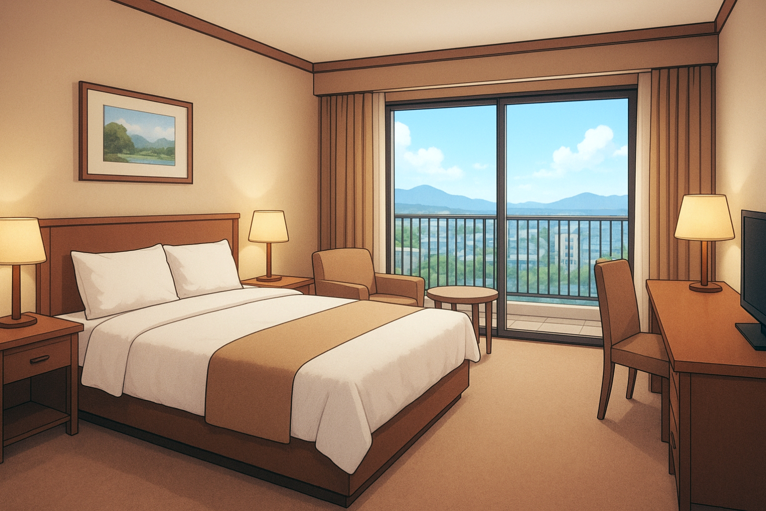 街並みを望む高層階のビジネスホテルの部屋の内装の背景