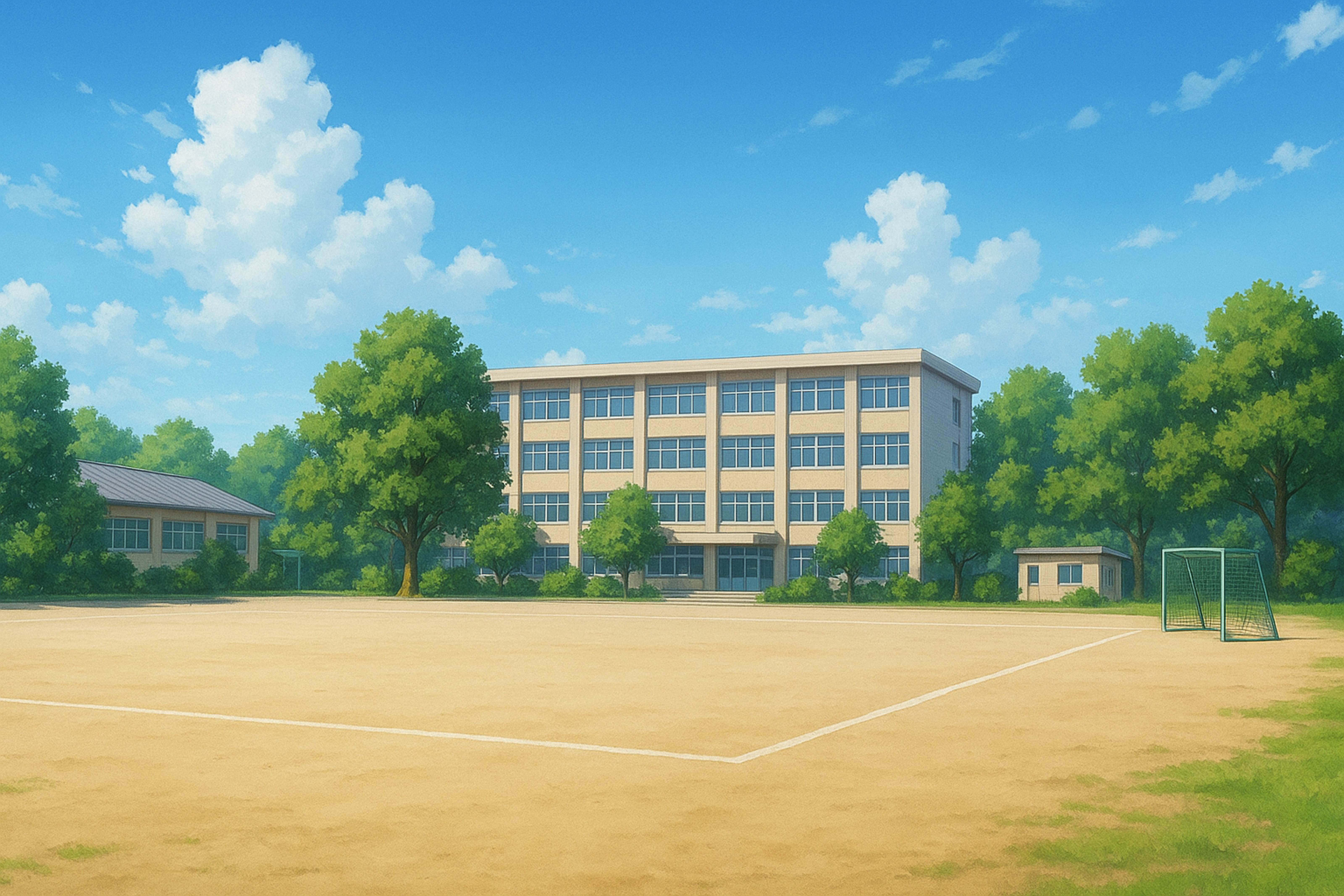 運動場から見た学校の外観背景