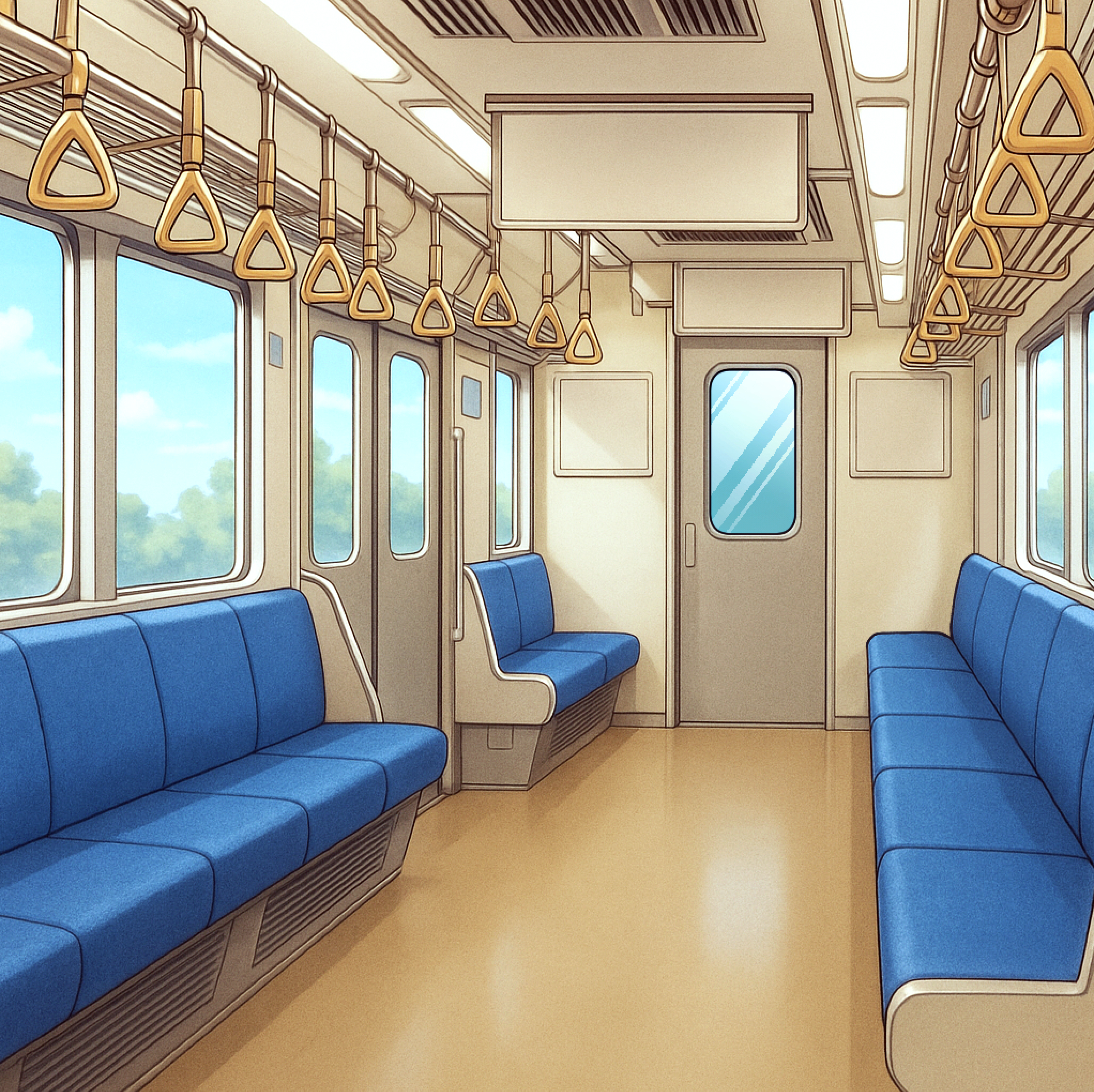 電車内の座席と車内風景背景フリー素材|車両内部・無料・商用利用OK